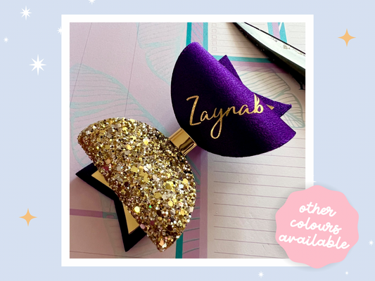 Personalised Cadbury Purple Satin Bow, Gold Glitter Name Bow