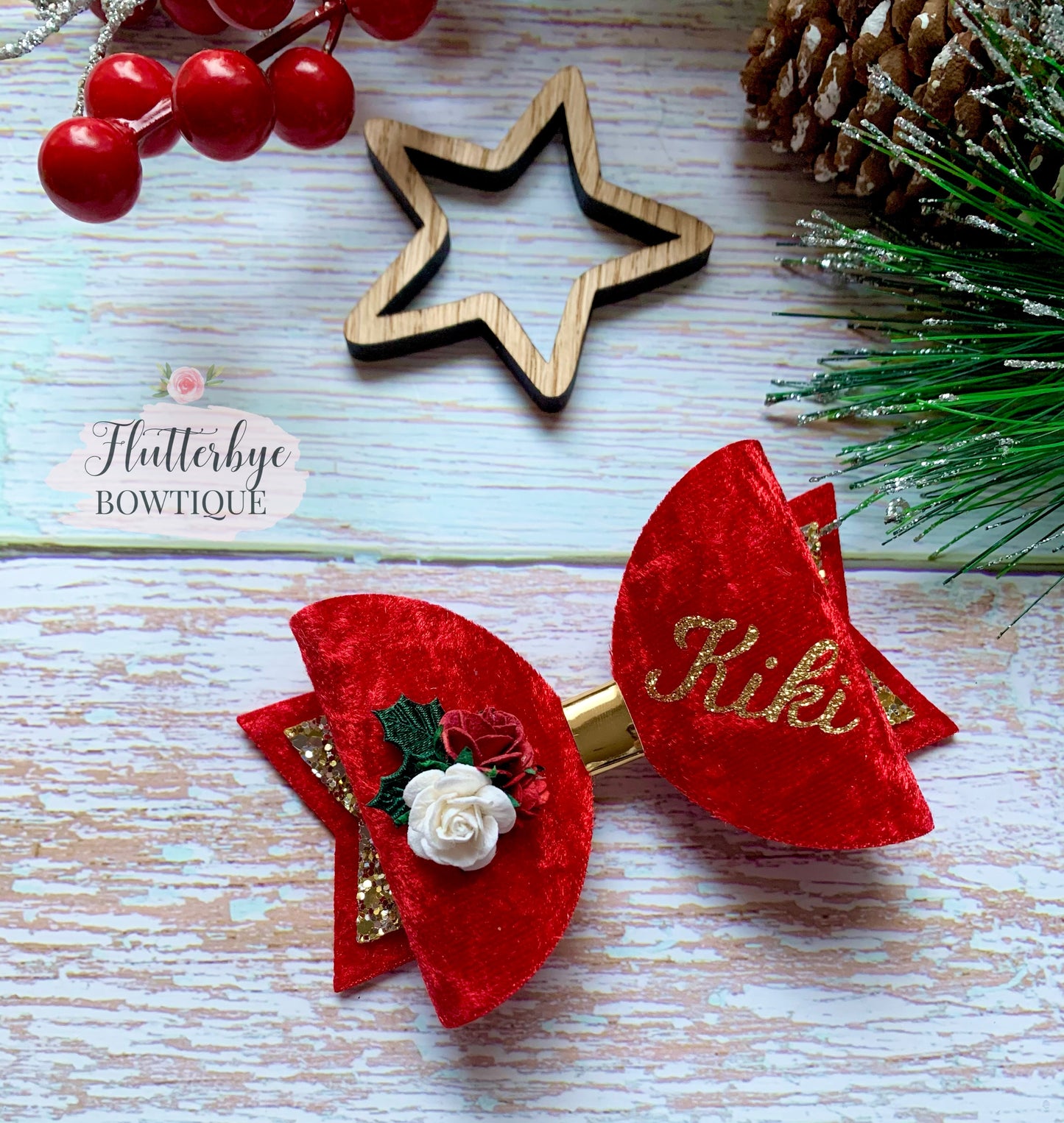 Personalised Christmas Velvet Floral bow