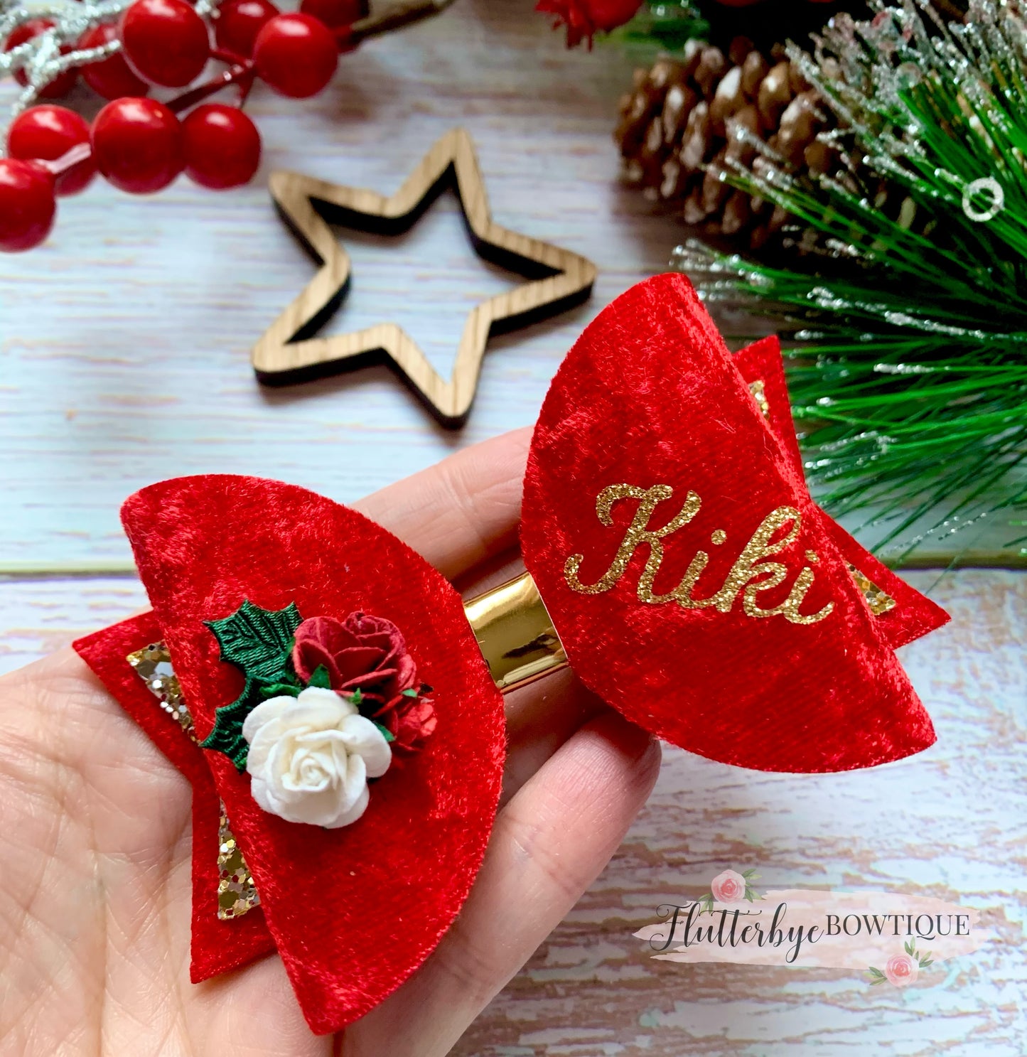 Personalised Christmas Velvet Floral bow