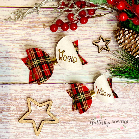 Personalised Tartan Christmas Bow, reindeer Name Bow