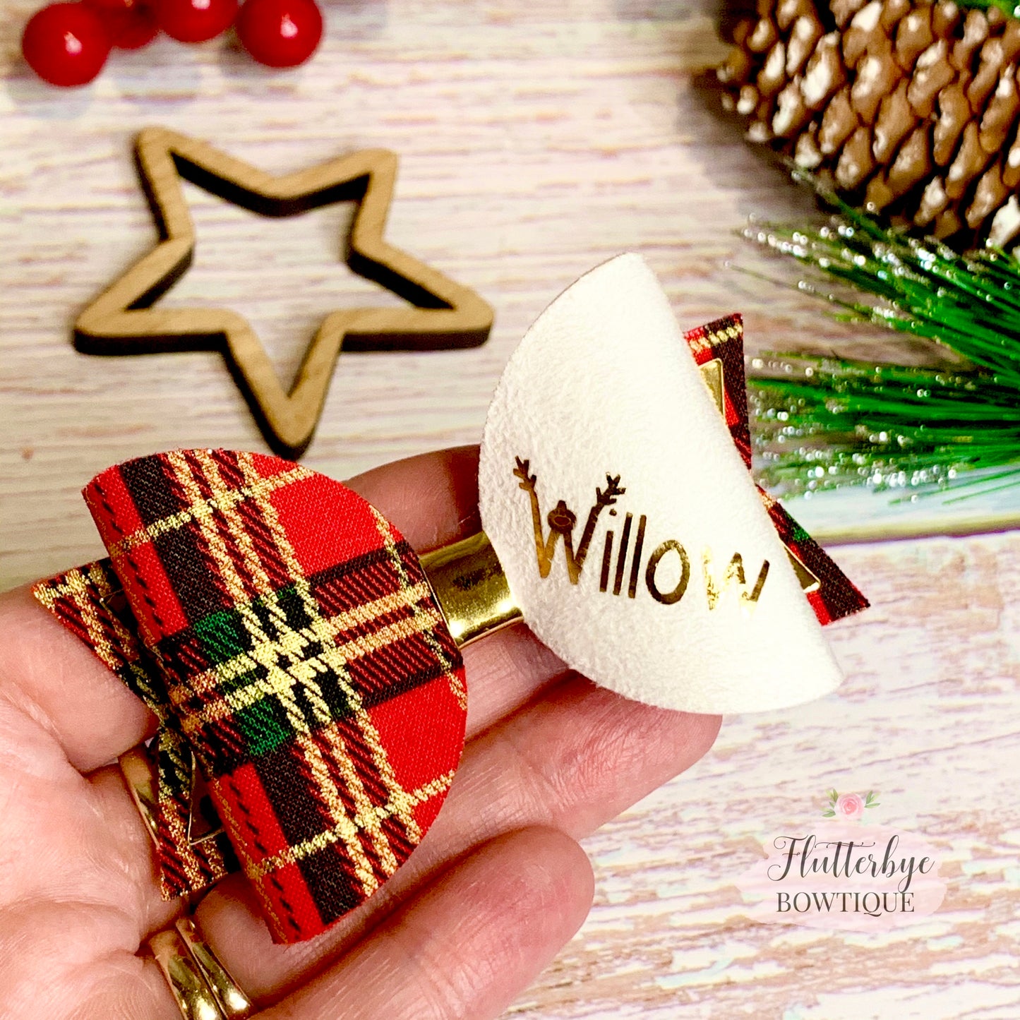 Personalised Tartan Christmas Bow, reindeer Name Bow