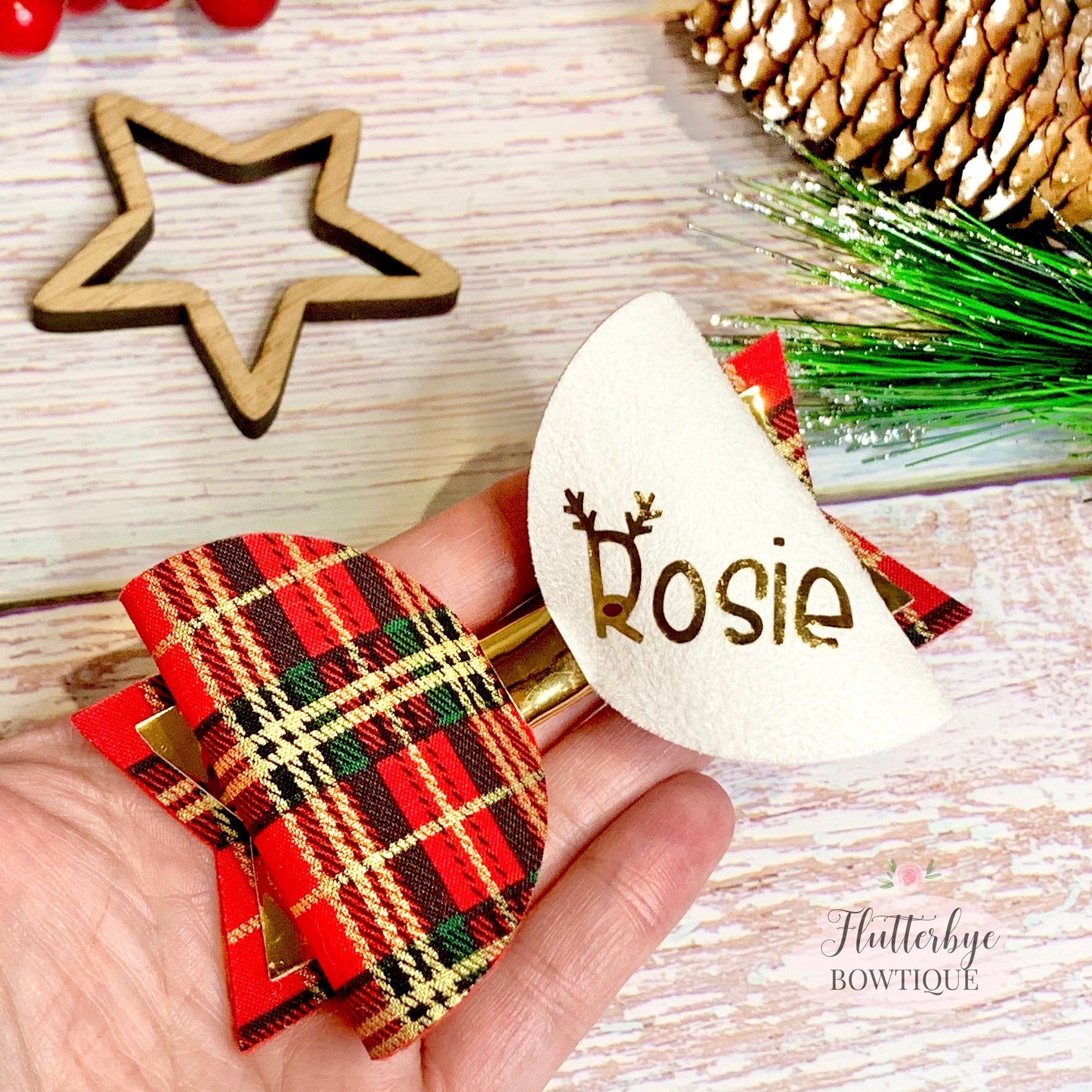 Personalised Tartan Christmas Bow, reindeer Name Bow