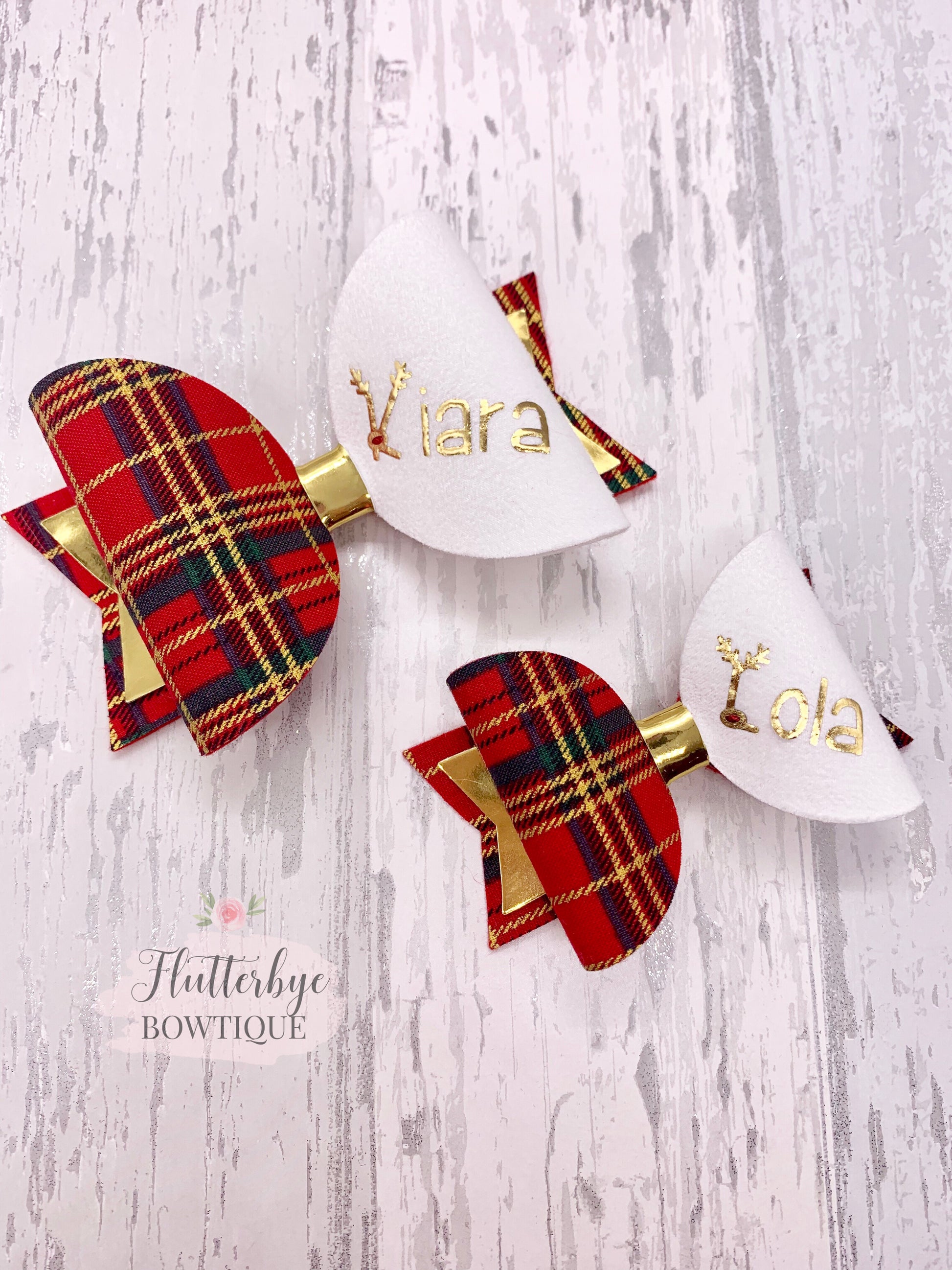 Personalised Tartan Christmas Bow, reindeer Name Bow - Flutterbye Bowtique