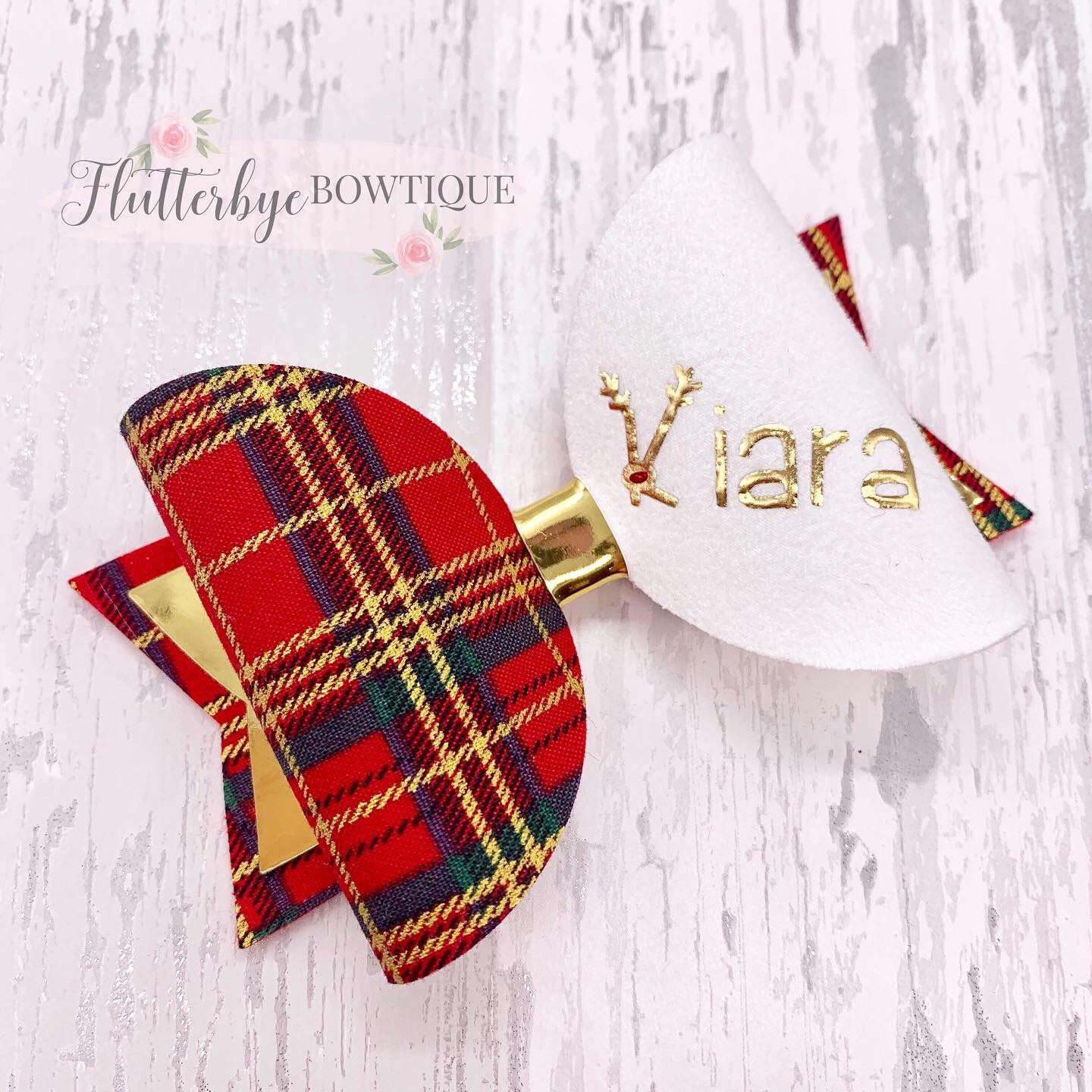 Personalised Tartan Christmas Bow, reindeer Name Bow - Flutterbye Bowtique