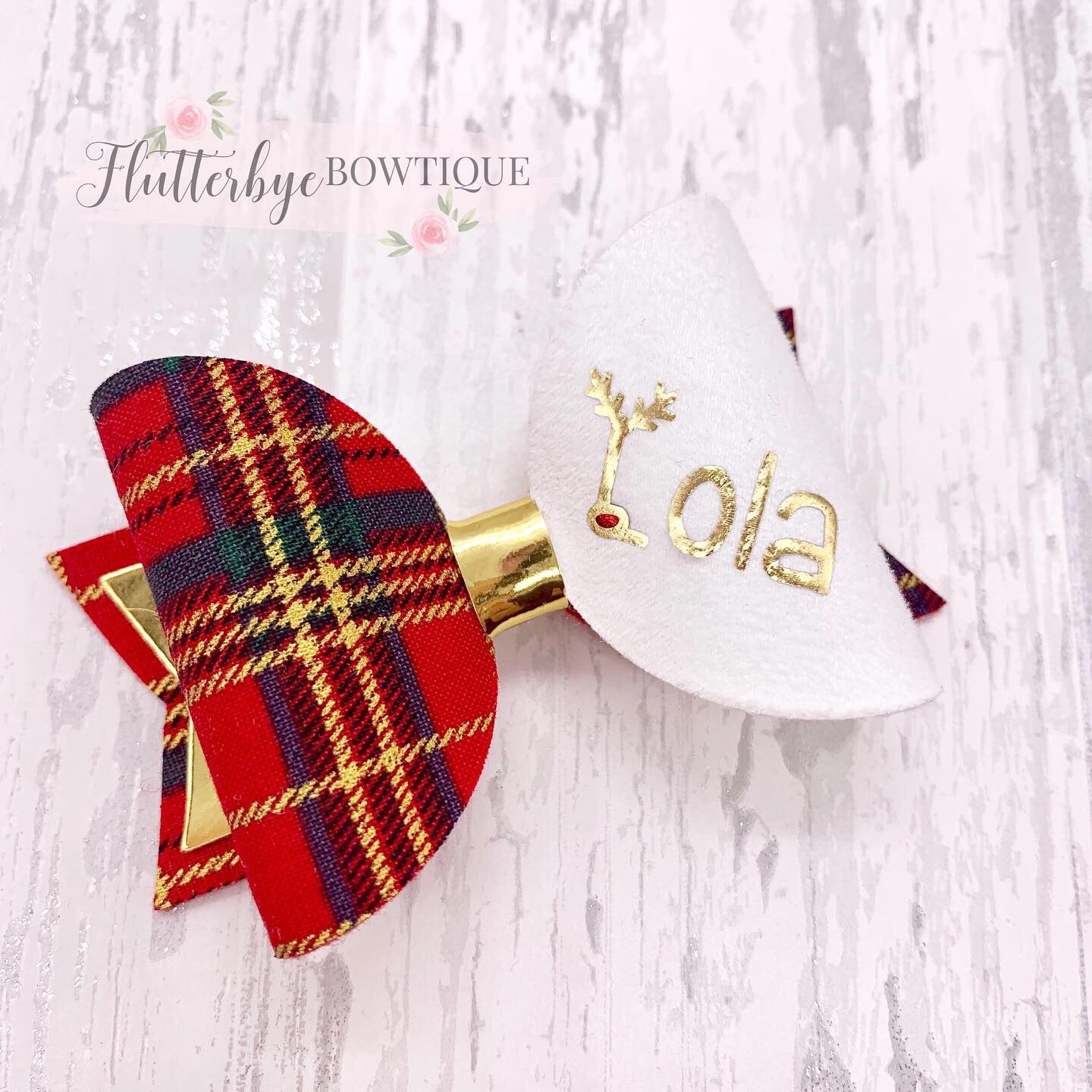 Personalised Tartan Christmas Bow, reindeer Name Bow - Flutterbye Bowtique