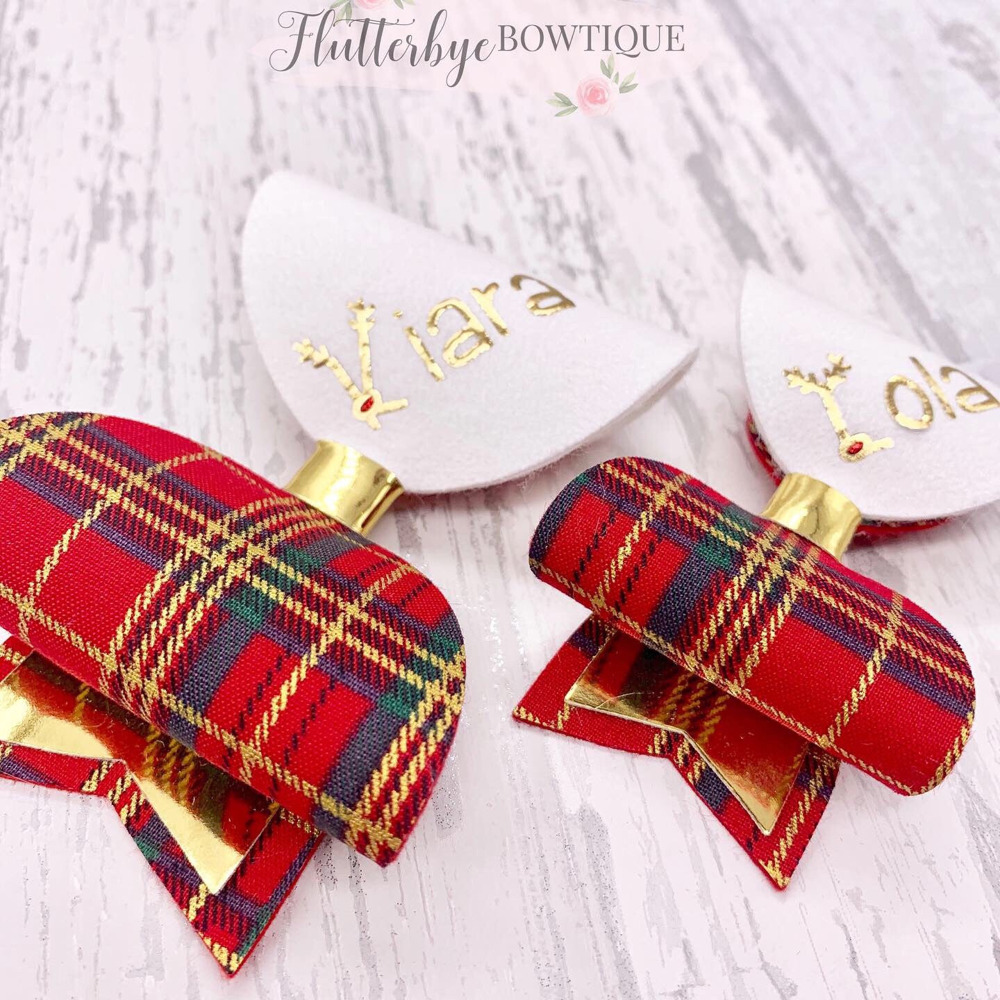 Personalised Tartan Christmas Bow, reindeer Name Bow - Flutterbye Bowtique